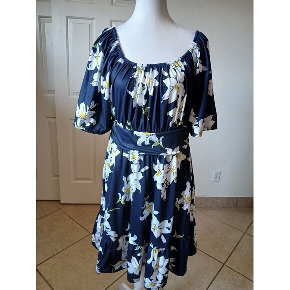 Womens Dress XL Off Shoulder Navy Blue Floral White‎ Lily Print Boho Casual - Picture 1 of 16